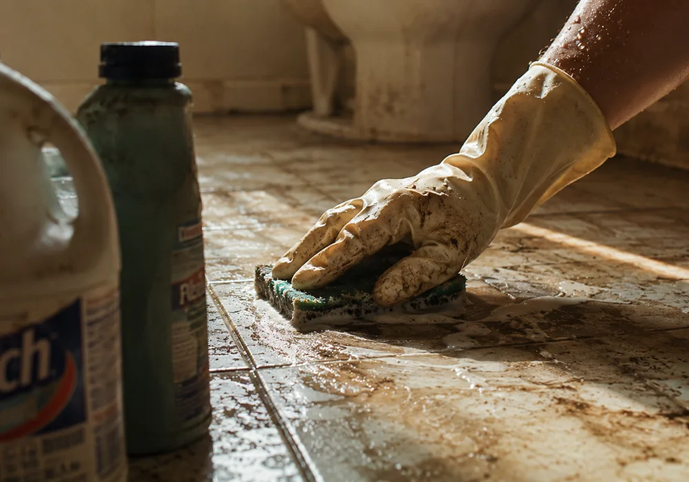 Gloved hand scrubbing a grimy bathroom tile floor next to bottles of cleaning products