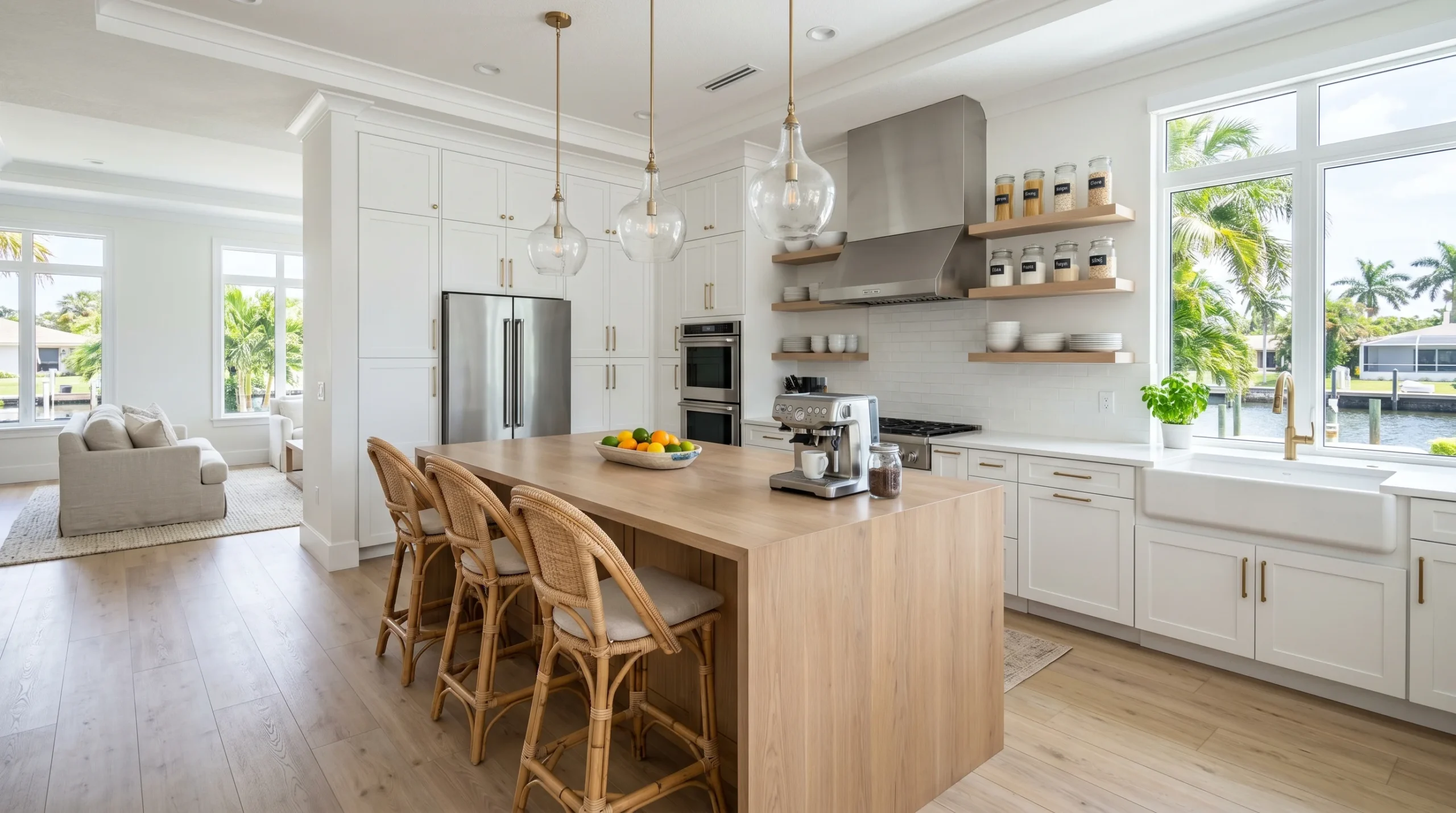 Bright white kitchen with a wood island, rattan stools and spotless counters overlooking a canal